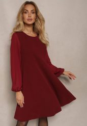 Bordowa Rozkloszowana Sukienka z Bufiastymi Rękawami z Siateczki Edanithe. Czerwone sukienki damskie Renee, bez wzorów, eleganckie, bez ramiączek. W wyprzedaży za 67.99 zł.