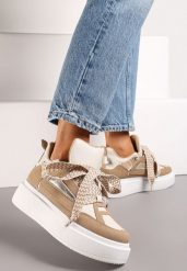 Beżowe Sneakersy na Grubej Podeszwie z Ozdobnymi Sznurówkami Edidda. Brązowe obuwie sportowe damskie Born2be, z materiału, bez zapięcia. Za 109.99 zł.