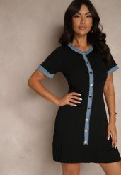 Czarna Taliowana Sukienka z Dzianiny z Wiskozą z Ozdobnymi Guzikami i Falbanką Natinese. Czarne sukienki damskie Renee, bez wzorów, z dzianiny, eleganckie, bez ramiączek. W wyprzedaży za 111.99 zł.