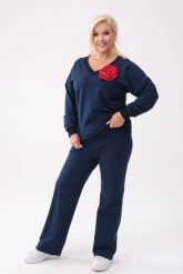 Bawełniany granatowy komplet dresowy Comfy - bluza z różą + długie spodnie PLUS SIZE XXL OVERSIZE JESIEŃ. Niebieskie bluzy damskie Moda Size Plus Iwanek, na jesień, plus size, z aplikacjami, z bawełny, bez kaptura. Za 349.90 zł.