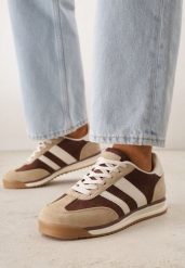 Brązowe Sneakersy z Dwoma Paskami Evilirea. Brązowe obuwie sportowe damskie Born2be, z dresówki, bez zapięcia. Za 109.99 zł.