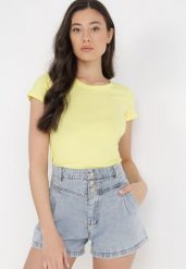 Żółty T-shirt Eudinna. Żółte t-shirty damskie Born2be, l, bez wzorów, z bawełny, bez kołnierzyka. Za 29.99 zł.
