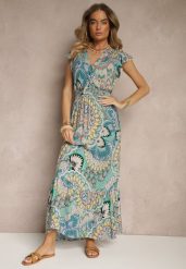 Zielono-Żółta Sukienka z Bawełny w Stylu Boho z Kopertowym Dekoltem Dillana. Zielone sukienki damskie Renee, bez wzorów, z bawełny, boho, bez ramiączek. W wyprzedaży za 41.99 zł.