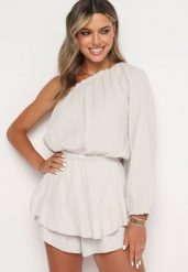 Beżowy Muślinowy Kombinezon z Bawełny na Jedno Ramię z Gumką w Pasie Vimaree. Brązowe sukienki damskie Born2be, bez wzorów, z bawełny, bez ramiączek. Za 139.99 zł.