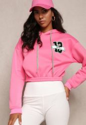 Różowa Krótka Bluza z Kapturem Ściągaczami i Ozdobnym Nadrukiem Relis. Czerwone bluzy damskie Renee, l, z aplikacjami, z kapturem. Za 34.99 zł.