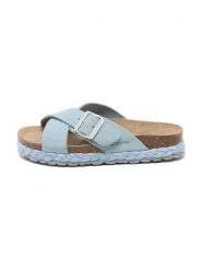 Billowy Skórzane klapki w kolorze błękitnym rozmiar: 41. Niebieskie klapki damskie Billowy, bez wzorów, z otwartym noskiem, bez obcasa, bez zapięcia. Za 173.99 zł.