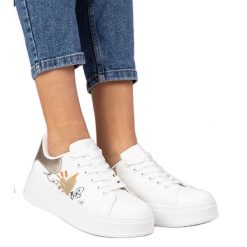 Biało-złote sneakersy trampki sportowe damskie z nadrukiem białe. Białe trampki damskie bez wzorów, z syntetyku, przed kostkę, bez zapięcia. Za 84.03 zł.
