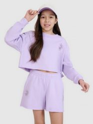 4F Bluza dresowa nierozpinana bez kaptura dziewczęca - fioletowa 146 (10-11 lat). Fioletowe t-shirty i koszulki chłopięce 4F, bez wzorów, z bawełny, bez kołnierzyka, bez ramiączek. W wyprzedaży za 49.99 zł.