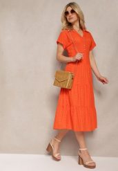 Pomarańczowa Ażurowa Sukienka z Bawełny z Krótkim Rękawem i Guzikami Obitha. Brązowe sukienki damskie Renee, w ażurowe wzory, z bawełny, eleganckie, bez ramiączek. W wyprzedaży za 119.99 zł.