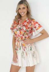 Beżowa Kwiecista Sukienka Mini z Cienkimi Gumkami i Rozkloszowanym Dołem Heddi. Brązowe sukienki damskie Born2be, bez wzorów, bez ramiączek. Za 169.99 zł.