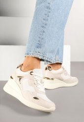 Beżowe Sneakersy na Koturnie z Ozdobnymi Wstawkami Cedera. Brązowe obuwie sportowe damskie Born2be, na lato, z jeansu, bez zapięcia. Za 129.99 zł.