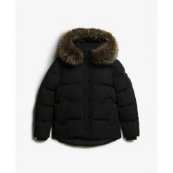 Damska kurtka puchowa Superdry. Czarne kurtki damskie Superdry, s, z aplikacjami, z puchu, bez kaptura. Za 765.60 zł.