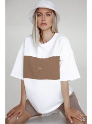 MADMEXT Koszulka w kolorze biało-jasnobrązowym rozmiar: L. Białe koszulki damskie MADMEXT, l, bez wzorów, z bawełny, bez kołnierzyka, bez ramiączek. Za 78.99 zł.