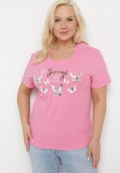 Różowy Bawełniany T-shirt Koszulka z Krótkim Rękawem z Nadrukiem i Cyrkoniami Qumara. Czerwone bluzki damskie Born2be, xl, z aplikacjami, z bawełny, bez kołnierzyka, bez ramiączek. Za 34.99 zł.