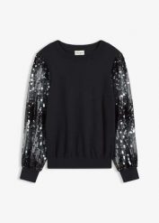 Cienki sweter z rękawami zdobionymi cekinami. Czarne swetry klasyczne damskie bonprix, bez kołnierzyka. Za 144.99 zł.