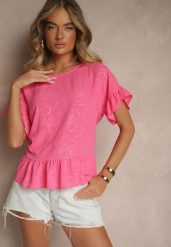 Fuksjowa Bluzka Oversize Ozdobiona Falbanami Liriele. Czerwone bluzki damskie Renee, bez wzorów, z jeansu, bez kołnierzyka, bez ramiączek. Za 44.99 zł.