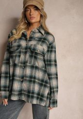 Zielona Oversize Koszula w Kratę z Kieszeniami na Klapy Kaithrea. Zielone koszule damskie Renee, bez wzorów, bez kołnierzyka, bez ramiączek. Za 89.99 zł.