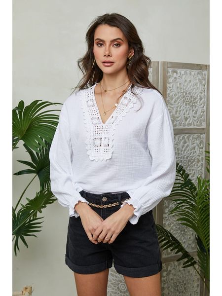 Lin Passion Bluzka w kolorze białym rozmiar: 40/42. Białe bluzki damskie Lin Passion, bez wzorów, z bawełny, klasyczne, bez kołnierzyka, bez ramiączek. Za 101.23 zł.