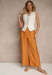 Pomarańczowe Spodnie z Wiskozy High Waist o Szerokim Kroju Divlise. Brązowe spodnie materiałowe damskie Renee, bez wzorów, z jeansu. Za 39.99 zł.