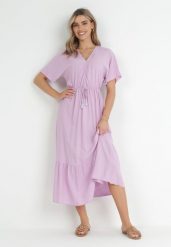 Fioletowa Rozkloszowana Sukienka Maxi z Gumką i Sznurkiem w Talii z Wiskozy Baneta. Fioletowe sukienki damskie Born2be, bez wzorów, z wiskozy, bez ramiączek. Za 109.99 zł.
