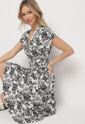 Biała Kopertowa Sukienka z Bawełną w Kwiatowy Wzór Ldivira. Białe sukienki damskie Born2be, bez wzorów, z bawełny, bez ramiączek. Za 89.99 zł.