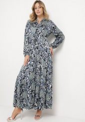 Niebieska Rozkloszowana Sukienka z Paskiem w Talii i Falbanką Zapinana na Guziki Loremarie. Niebieskie sukienki damskie Born2be, z aplikacjami, eleganckie, bez ramiączek. W wyprzedaży za 127.49 zł.