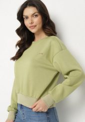 Zielona Bluza z Metaliczną Nicią Ilasila. Zielone bluzy damskie Born2be, m, z aplikacjami, z jeansu, bez kaptura. Za 59.99 zł.