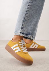 Żółte Skórzane Sneakersy na Kauczukowej Podeszwie z Geometrycznym Motywem Shytyse. Żółte obuwie sportowe damskie Born2be, z dresówki, bez zapięcia. Za 199.99 zł.