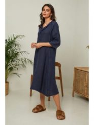 Joséfine Lniana sukienka "Granael" w kolorze granatowym rozmiar: L. Niebieskie sukienki damskie Joséfine, bez wzorów, ze lnu, bez ramiączek. Za 195.99 zł.