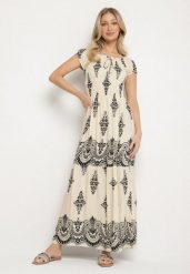 Beżowa Wiskozowa Sukienka z Marszczoną Góra i Wzorem Boho Ellifae. Brązowe sukienki damskie Born2be, z aplikacjami, z wiskozy, boho, bez ramiączek. Za 89.99 zł.