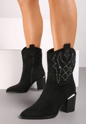 Czarne Botki Kowbojki na Obcasie Ozdobione Cyrkoniami Irinalie. Czarne botki damskie Born2be, na jesień, z jeansu, eleganckie, bez obcasa, na obcasie, bez zapięcia. Za 159.99 zł.