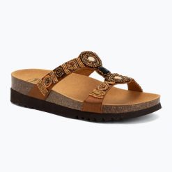 Klapki damskie Scholl New Bogota Wedge Med. Brązowe klapki damskie Scholl, bez wzorów, z gumy, bez obcasa, bez zapięcia. Za 289.99 zł.