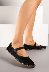 Czarne Balerinki Espadryle z Paskiem Ozdobione Przeszyciami Firaniere. Czarne balerinki damskie Born2be, bez wzorów. Za 44.99 zł.