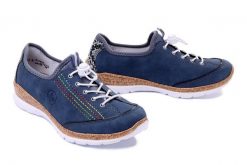 RIEKER N42T0-14 blue, półbuty damskie. Niebieskie półbuty damskie Rieker, bez wzorów, bez obcasa, bez zapięcia. Za 339.90 zł.