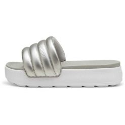Klapki Puma Karmen Slide Puffy, Kobiety. Szare klapki damskie Puma, bez wzorów, z materiału, bez obcasa, bez zapięcia. Za 199.99 zł.