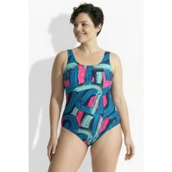 Damskie Kostium kąpielowy wzór pociągnięcia pędzlem bez miękkich miseczek. Niebieskie stroje jednoczęściowe Ulla Popken, bez wzorów, z elastanu. Za 199.99 zł.