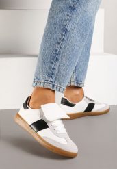 Biało-Czarne Sneakersy na Płaskiej Podeszwie z Wywiniętym Językiem Felilora. Białe obuwie sportowe damskie Born2be, z jeansu, bez zapięcia. Za 84.99 zł.
