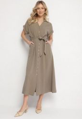 Zielona Sukienka z Bawełny o Koszulowym Kroju z Wiązanym Paskiem Elanitiela. Zielone sukienki damskie Born2be, bez wzorów, z bawełny, eleganckie, bez ramiączek. Za 149.99 zł.