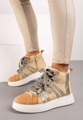 Ciemnobeżowe Sneakersy na Platformie w Streetwearowym Stylu z Kontrastowymi Wstawkami Kaithana. Brązowe obuwie sportowe damskie Born2be, z materiału, bez zapięcia. Za 109.99 zł.