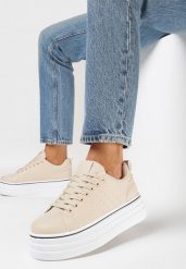 Beżowe Sneakersy na Platformie z Ekoskóry ze Sznurowaniem Hionusa. Brązowe obuwie sportowe casual damskie Born2be. Za 84.99 zł.