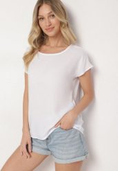 Biała Bluzka z Wiskozy o Kroju Oversize Liruvia. Białe bluzki damskie Born2be, l, bez wzorów, z jeansu, bez kołnierzyka, bez ramiączek. Za 49.99 zł.
