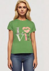 Zielony T-shirt z Krótkim Rękawem i Ozdobnym Nadrukiem Testolene. Zielone t-shirty damskie Born2be, plus size, bez wzorów, z jeansu, bez kołnierzyka. Za 39.99 zł.