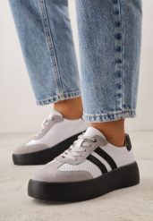 Biało-Szare Skórzane Sneakersy na Grubej Podeszwie Ozdobione Paskami i Perforacją Wiefia. Białe obuwie sportowe damskie Born2be, z jeansu, bez zapięcia. Za 169.99 zł.