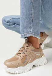 Ciemnobeżowe Sznurowane Sneakersy na Płaskiej Grubej Podeszwie z Metalową Ozdobną Wstawką Pranna. Brązowe obuwie sportowe damskie Born2be, bez zapięcia. Za 99.99 zł.