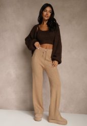Beżowe Szerokie Spodnie z Wełną High Waist z Prążkowanego Materiału Reinna. Brązowe spodnie materiałowe damskie Renee, bez wzorów, z jeansu. Za 69.99 zł.