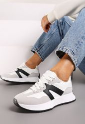 Białe Płaskie Sneakersy z Geometrycznym Wzorem Nawla. Białe obuwie sportowe damskie Born2be, bez zapięcia. Za 84.99 zł.