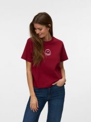 Vero Moda Koszulka w kolorze bordowym rozmiar: L. Czerwone bluzki damskie Vero Moda, l, bez wzorów, z bawełny, bez kołnierzyka, bez ramiączek. Za 58.00 zł.