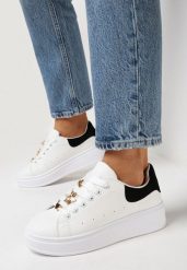Biało-Czarne Sneakersy na Grubej Podeszwie z Metaliczną Wstawką Staneva. Białe obuwie sportowe damskie Born2be, bez zapięcia. Za 84.99 zł.