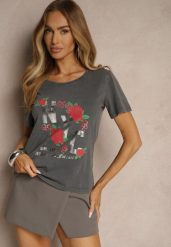 Ciemnoszary Bawełniany T-shirt z Kwiatami i Napisami Savinele. Szare t-shirty damskie Renee, l, bez wzorów, z bawełny, bez kołnierzyka. Za 39.99 zł.