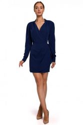 Elegancka kopertowa sukienka mini z drapowaniem granatowa. Sukienki damskie Sukienki.shop, bez wzorów, eleganckie, bez ramiączek. Za 409.00 zł.
